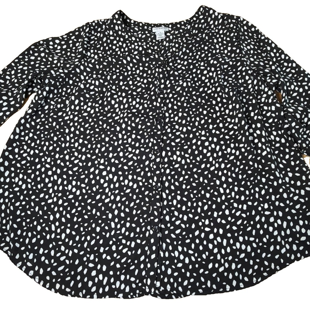 68~ Women's 1x Catherine's Dress shirt Black/white Dots 3/4 Sleeve See Throw